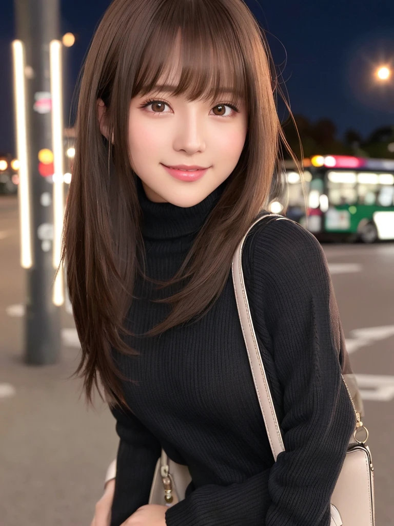 Product quality, One girl per photo, Cowboy Shot, Front view, Young and cute girl in Japan, Long Bob Hair, Wearing a wedding ring, At night, Standing in front of a double-decker bus in London with a big smile, He is wearing a long-sleeved leather jacket over a black knitted turtleneck sweater, Wearing denim pants, Shoulder bag, Super cute face, Glossy Lips, Double eyelids on both eyes, Natural Makeup, shiny smooth light brown hair of Long Bob Hair, Asymmetrical bangs, Sunburned skin, Center image, 8K resolution, High detail, Detailed hairstyle, Detailed face, Cinema Lighting, Octane Rendering, Ultra-realistic, Perfect limbs, Perfect Anatomy