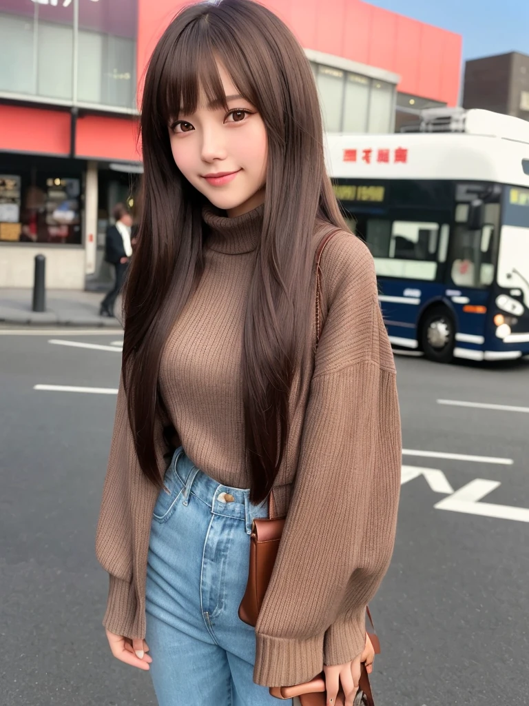 Product quality, One girl per photo, Cowboy Shot, Front view, Young and cute girl in Japan, Long Bob Hair, Wearing a wedding ring, At night, Standing in front of a double-decker bus in London with a big smile, He is wearing a long-sleeved leather jacket over a black knitted turtleneck sweater, Wearing denim pants, Shoulder bag, Super cute face, Glossy Lips, Double eyelids on both eyes, Natural Makeup, shiny smooth light brown hair of Long Bob Hair, Asymmetrical bangs, Sunburned skin, Center image, 8K resolution, High detail, Detailed hairstyle, Detailed face, Cinema Lighting, Octane Rendering, Ultra-realistic, Perfect limbs, Perfect Anatomy