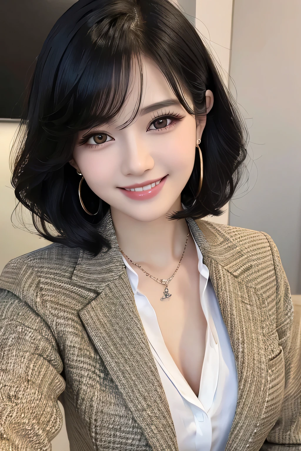 Beautiful young woman、 Black Hair、Necklace around the neck、Office Lady Suits、Jacket、Unbuttoned shirt、Wavy Hair、short hair、Intricate details, Very detailed:1.2), 、smile、Beautiful teeth alignment、 Looking into the camera,The background is the office、Necklace around the neck、Dark eyeliner、ear piercing
