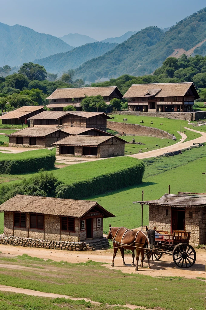 an imaginary village palampur with the following things - bullock carts , tractors , house made of brick , small house made of mud and straw, fields of wheat with people , school, health centre, shops, with people ,