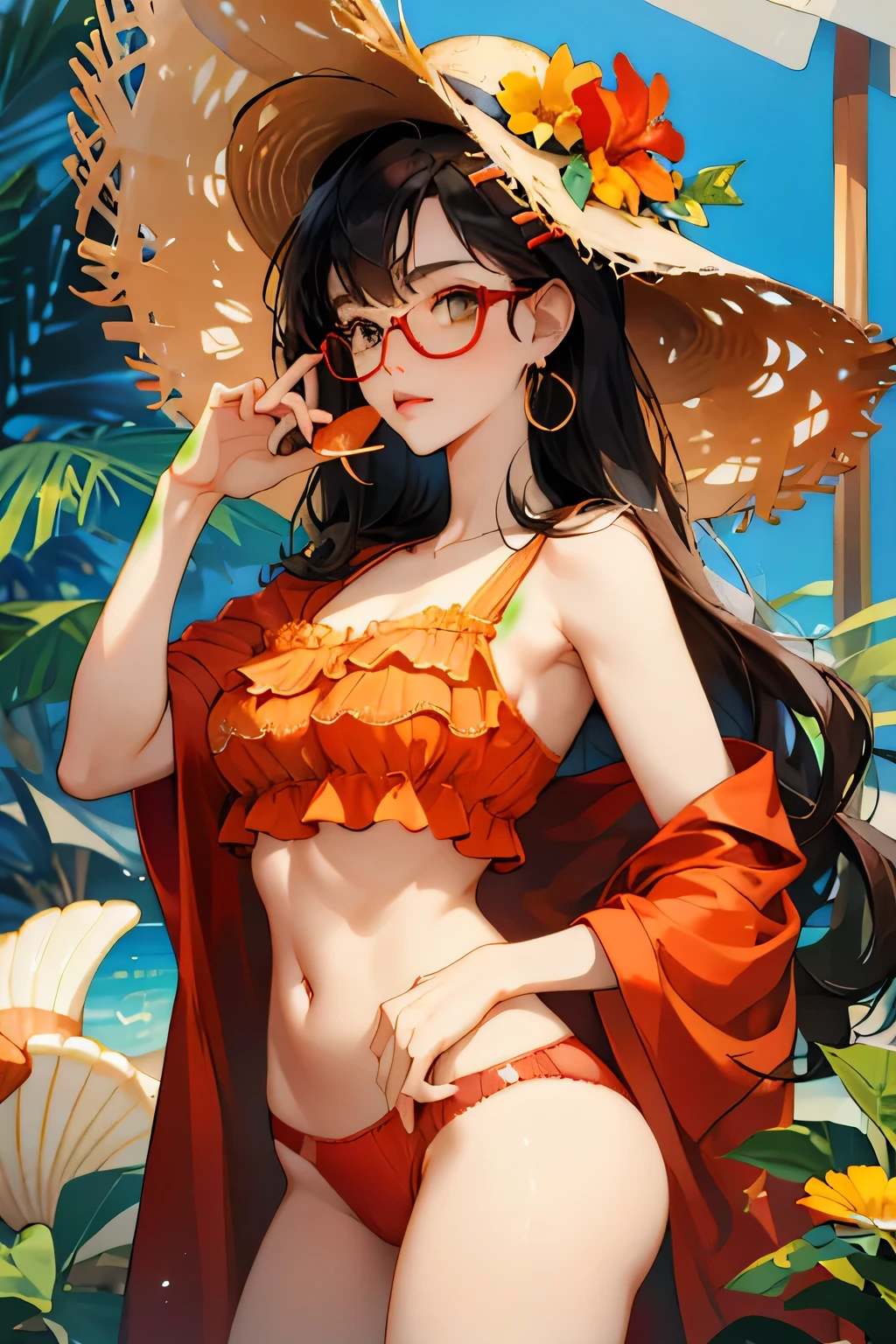 absurdres, highres, ultra detailed, 1girl, solo, extremely detailed eyes, starfish, seashell, shell, flower, hat, hair ornament, jewelry, straw hat, looking at viewer, sunglasses, hat flower, drinking straw, hairclip, earrings, red flower, tinted eyewear, yellow flower, bangs, english text, multicolored hair, orange flower, black hair, ring, cup, long hair, orange-tinted eyewear, food, brown hair, portrait, shell hair ornament,One woman has black hair, short cut, red rimmed glasses, has an H-cup bust one piece of underwear for the lower body, very large breasts, very big ass, I can see your pants, white underwear, underwear that digs into the crotch, very beautiful face, indoor,
