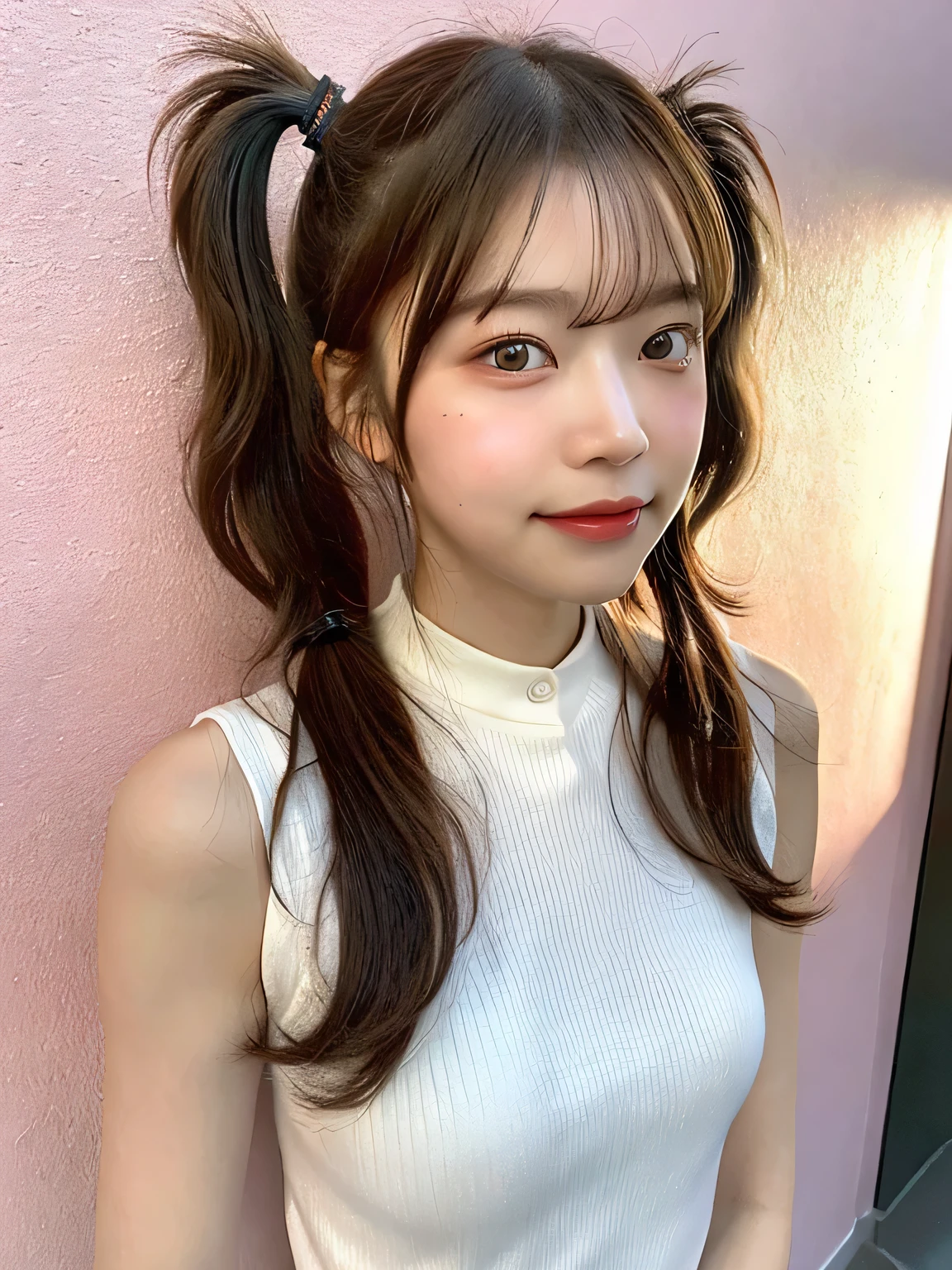 One person、11 years old、Full body photo,slender、woman、White drool coming out of the mouth、smile、、Twin tails、 Fair skin, messy hair, super cute、Soft and Face、8K resolution、Surreal、Ultra high definition、 A-cup small breasts((Highest resolution、8K、masterpiece:1.3))、Ultra-fine face、Ultra Fine Lips、Beautiful Eyes、double eyelid,Pink wall、Sleeveless red polo shirt、White Skirt、Thighs、thin,Thighsが見える、Shapely small breasts、sexy、Cleavage