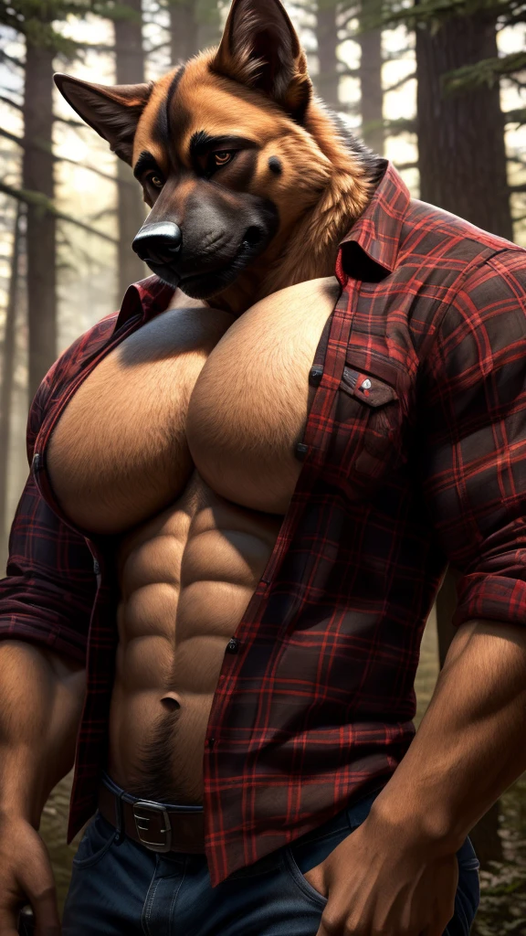 Dog, German shepherd, muscular, tall, huge, (((big pecs))), handsome, plaid shirt, unbutton shirt, lumberjack, forest, (((realistic, 8k, ultra details, masterpiece)))