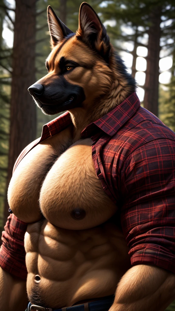 Dog, German shepherd, muscular, tall, huge, (((big pecs))), handsome, plaid shirt, unbutton shirt, lumberjack, forest, (((realistic, 8k, ultra details, masterpiece)))