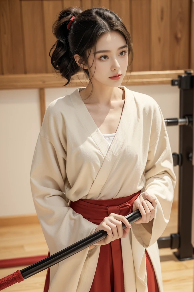 (((best quality))),(((ultra detailed))),(((masterpiece))),illustration,1girl,solo,short ponytail,slim,thin,small breasts,flat chest,white kendogi,red kendo hakama,standing in kendodo gym,focused and determined expression,ready for challenge,slender and elegant face,confident and resilient,fair skin,blush,neat teeth,bright smile,clean and tidy uniform,wooden gym floor,wall,pine scent,kendo equipment,protective gears,standard grip,ready to slice through obstacles,strong belief,determination,spirit of resilience,admiring