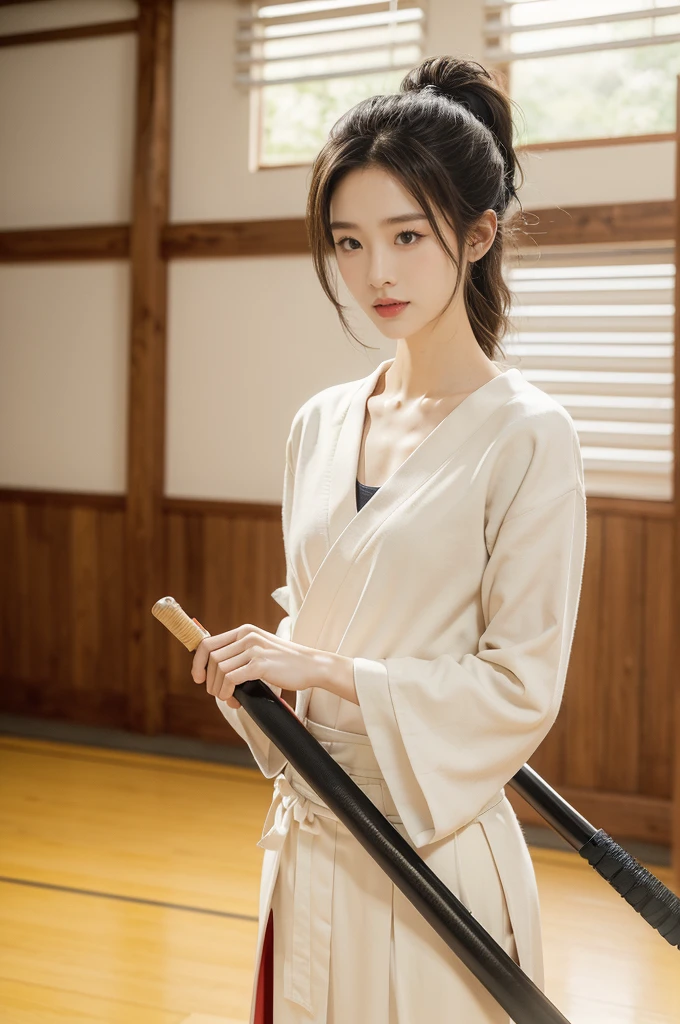 (((best quality))),(((ultra detailed))),(((masterpiece))),illustration,1girl,solo,short ponytail,slim,thin,small breasts,flat chest,white kendogi,red kendo hakama,standing in kendodo gym,focused and determined expression,ready for challenge,slender and elegant face,confident and resilient,fair skin,blush,neat teeth,bright smile,clean and tidy uniform,wooden gym floor,wall,pine scent,kendo equipment,protective gears,standard grip,ready to slice through obstacles,strong belief,determination,spirit of resilience,admiring