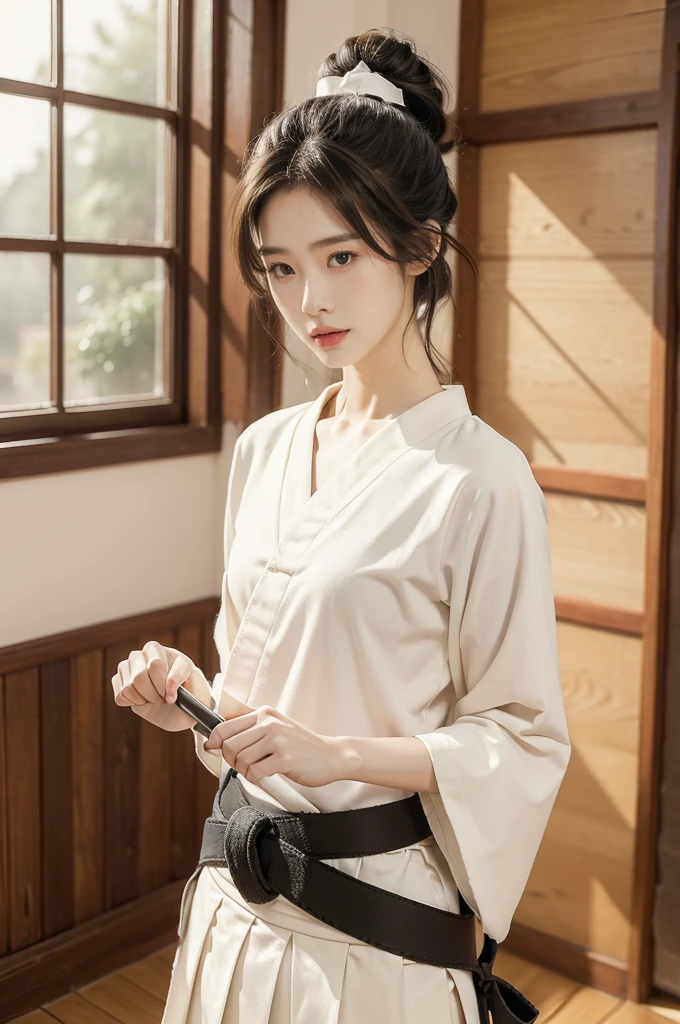 (((best quality))),(((ultra detailed))),(((masterpiece))),illustration,1girl,solo,short ponytail,slim,thin,small breasts,flat chest,white kendogi,red kendo hakama,standing in kendodo gym,focused and determined expression,ready for challenge,slender and elegant face,confident and resilient,fair skin,blush,neat teeth,bright smile,clean and tidy uniform,wooden gym floor,wall,pine scent,kendo equipment,protective gears,standard grip,ready to slice through obstacles,strong belief,determination,spirit of resilience,admiring