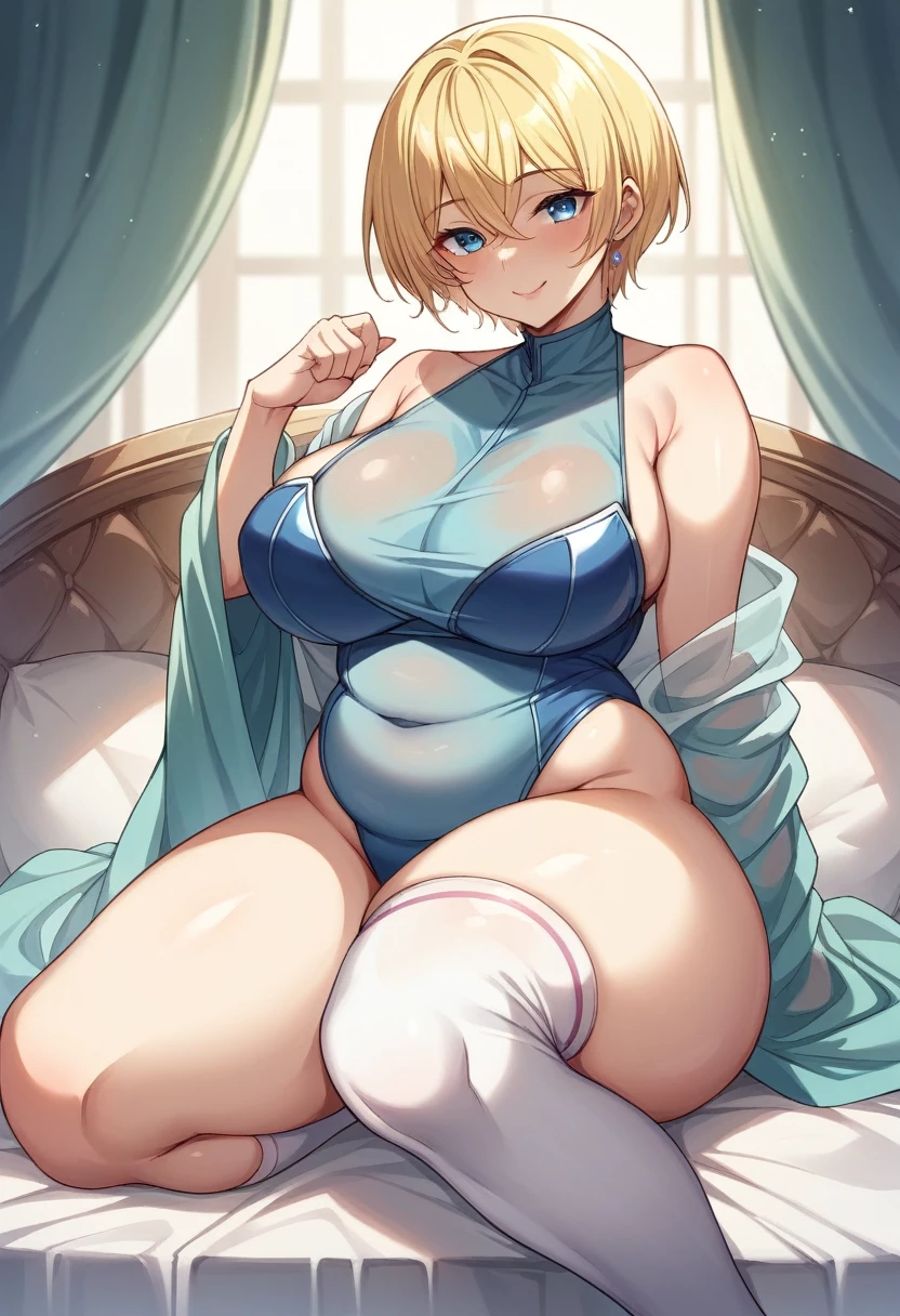 (One girl)、(((short hair)))、((Blonde))、(Sato Air)、((Big super breasts))、(Chubby)、beautiful girl、((Big thighs))、((Hanekge))、Blue Eyes、Navy blue leotard、No sleeve、(Princess Knight)、Bangs between the eyes、Overknee socks、smile、((see-through))