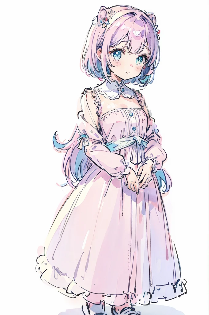 1girl, full body portrait, standing pose, pastel dress, white background, soft lighting, high detail, anime style, vibrant colors, kawaii, big eyes, cheerful expression