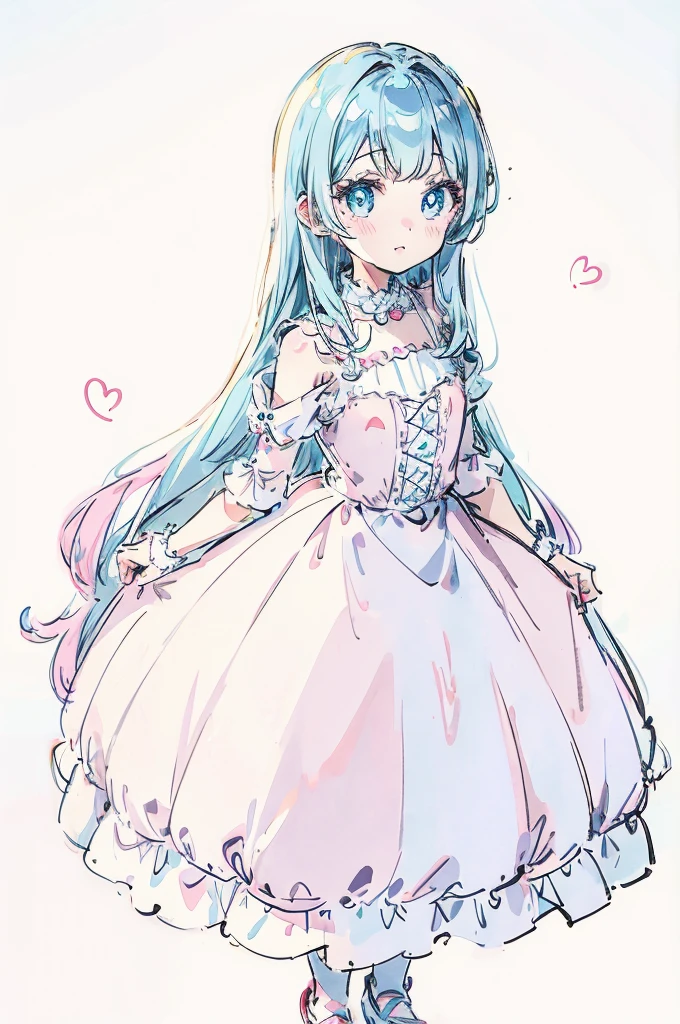 1girl, full body portrait, standing pose, pastel dress, white background, soft lighting, high detail, anime style, vibrant colors, kawaii, big eyes, cheerful expression