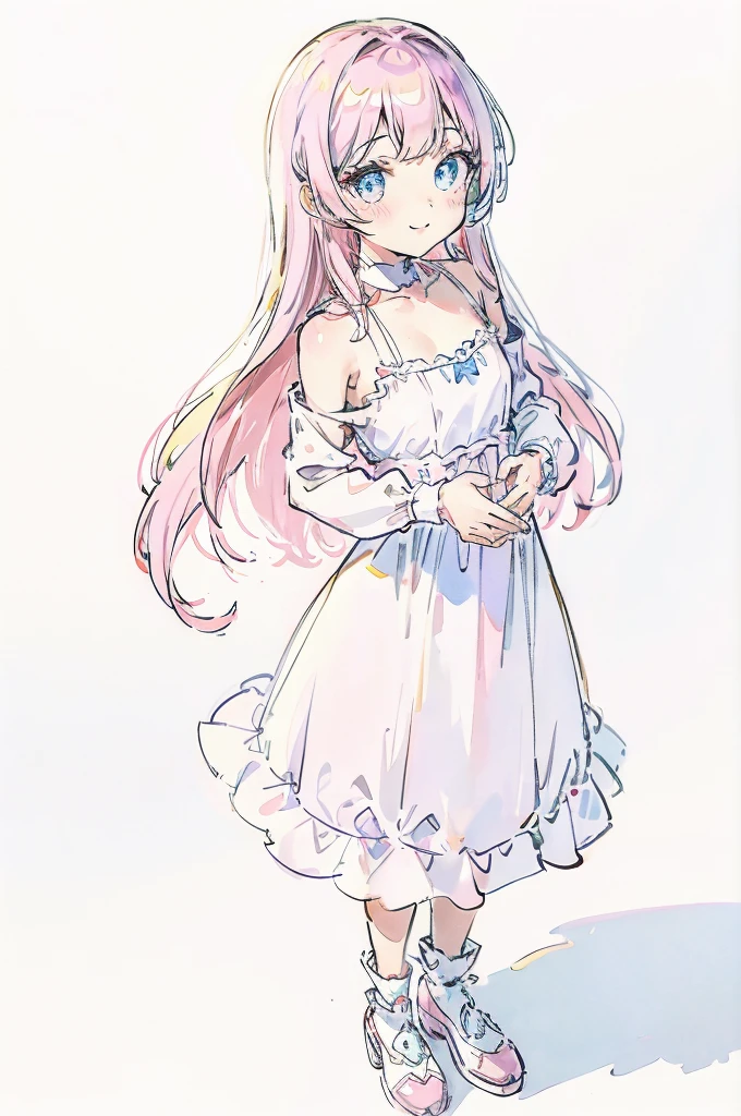 1girl, full body portrait, standing pose, pastel dress, white background, soft lighting, high detail, anime style, vibrant colors, kawaii, big eyes, cheerful expression