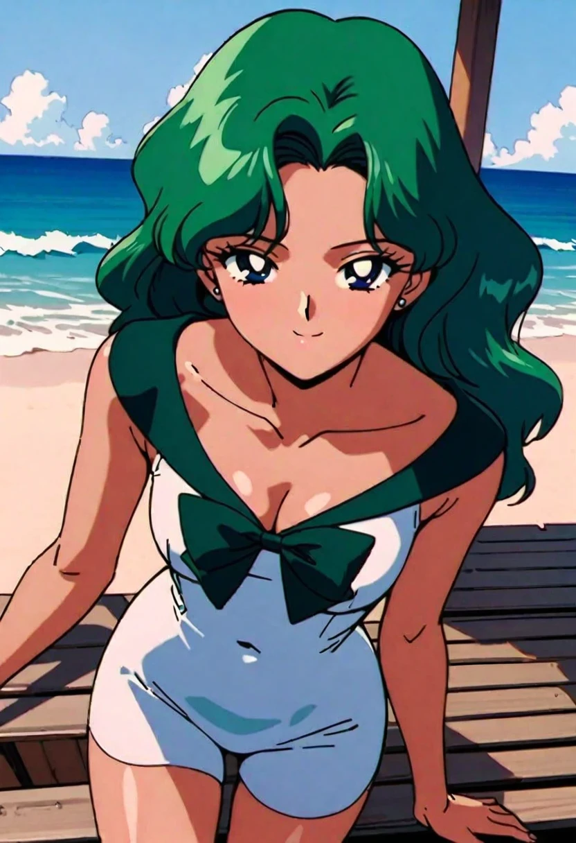 masterpiece,best quality,very aesthetic,ultra detailed,intricate details,Sailor Neptune XL,1990s \(style\),1girl,solo,white swimsuit,stud earrings,long hair,green eyes,green hair, beach, standing, by bench,happy smile,