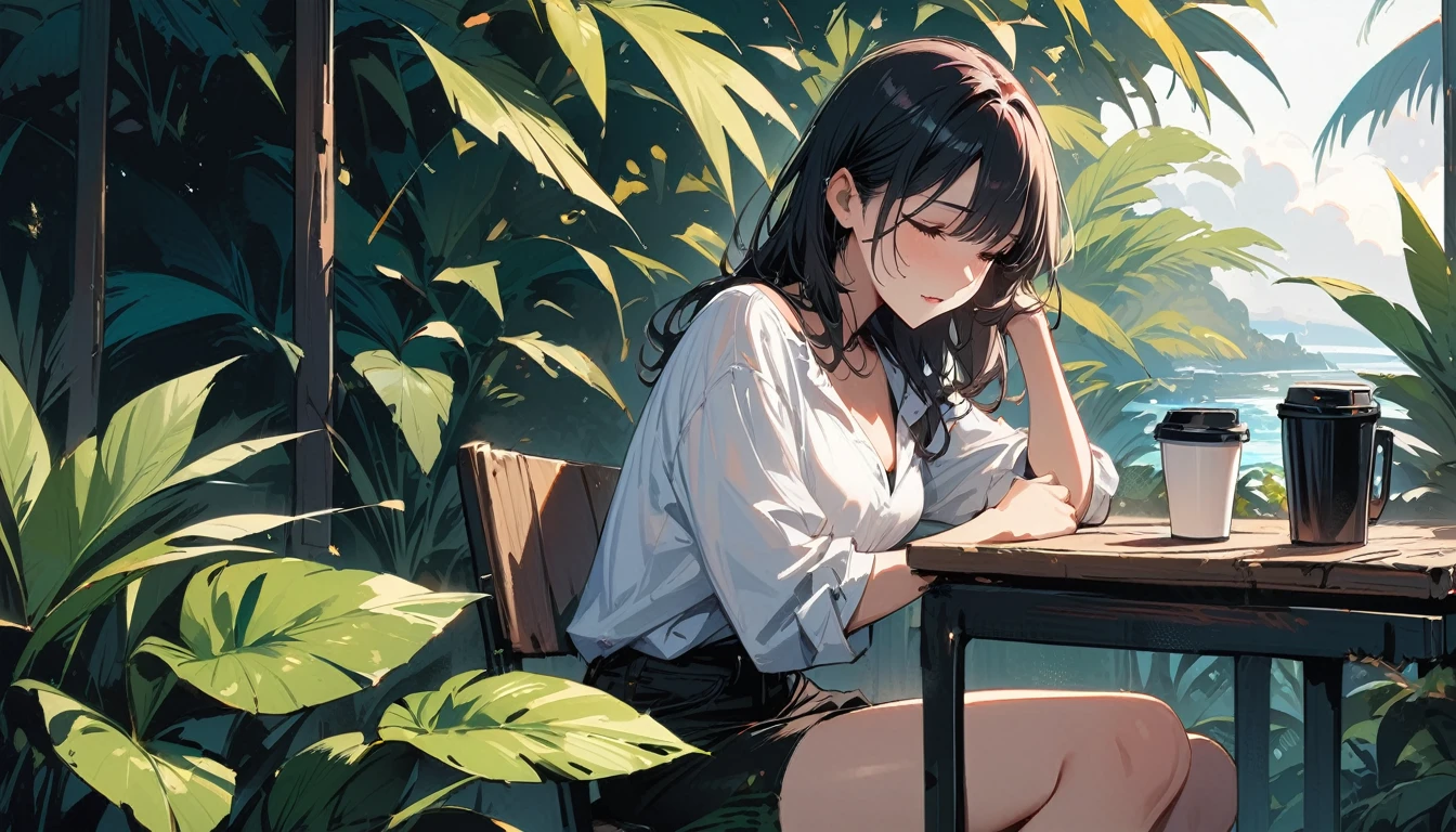 (masterpiece, Highest quality:1.2), 1 Girl, alone,Have a coffee,Tropical atmosphere