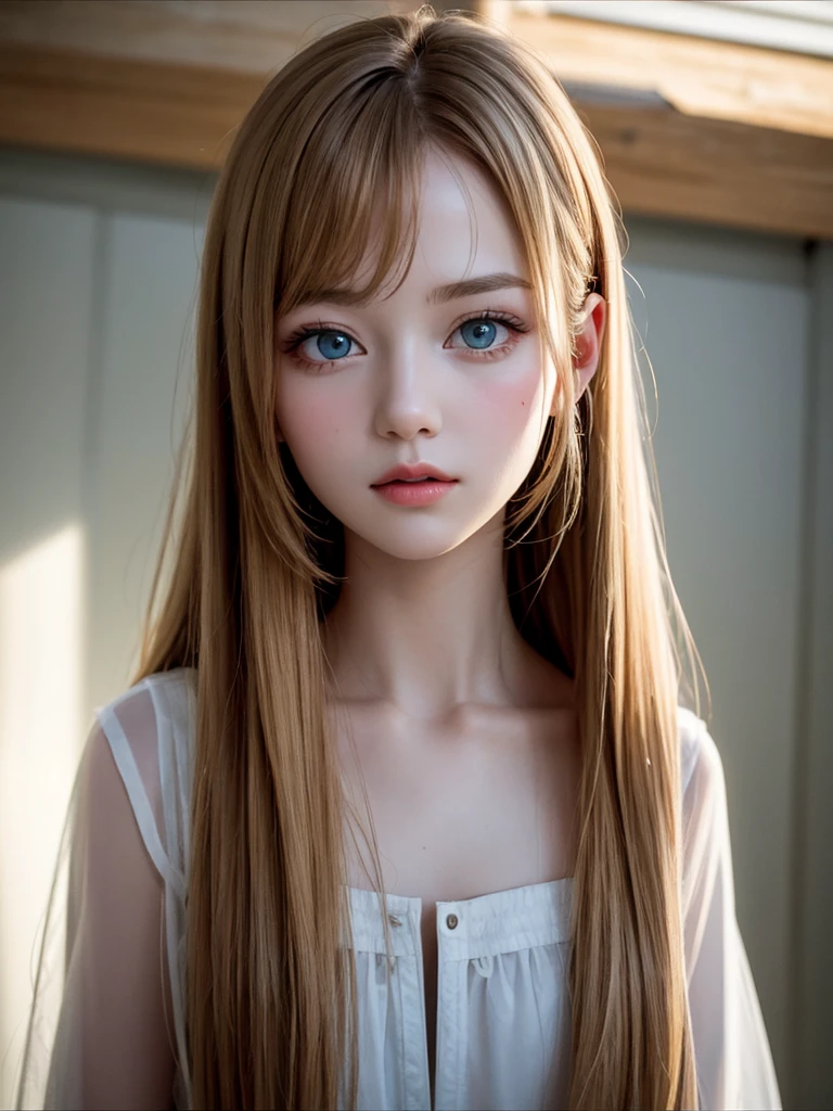 Beautiful glowing white skin、Blonde hair changes color depending on how the light hits it...、Long golden bangs obstruct the view、Cheek gloss highlighter、Gloss Face、Sexy and very beautiful, Nice, cute, Gorgeous face、The most beautiful face in the world、The most beautiful super long blonde hair in the world、Shiny and smooth long straight hair、Glowing pale light blue eyes, Big eyes、lighting equipment、Beautiful pony、Beautiful 15 year old Swedish girl、Young characteristics、Small Face Beauty、Round face