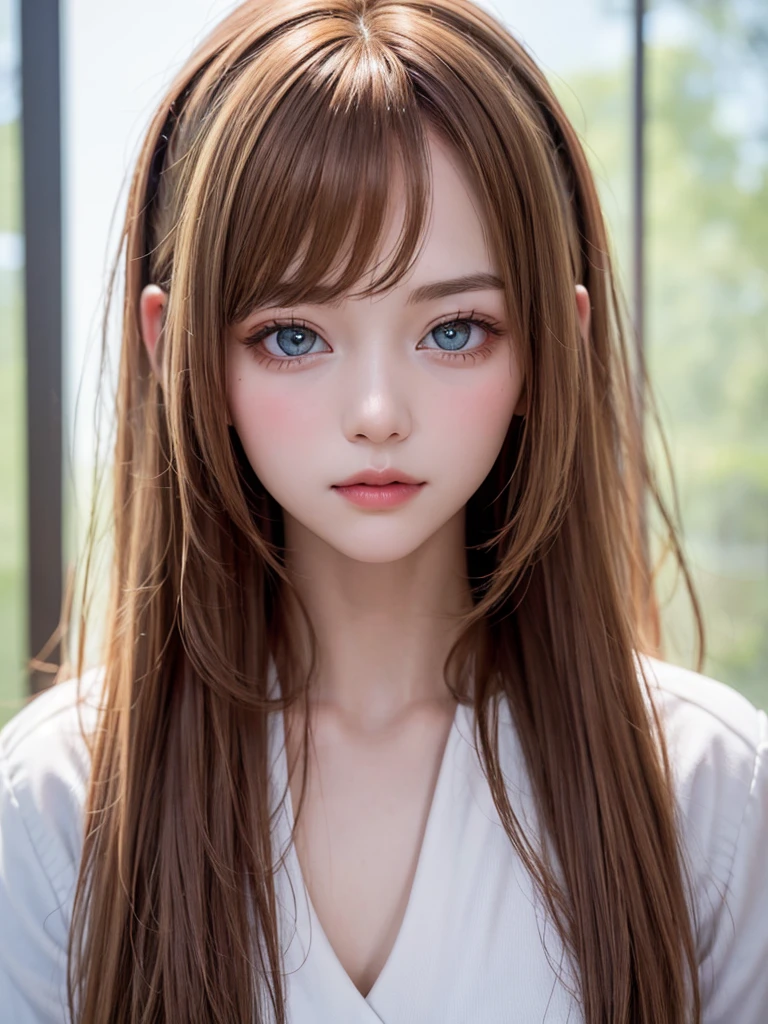 masterpiece, best quality, best resolution, ultra detailed, medium breasts, copper long hair, bangs, cleared eyes, big eyes, face, upper body