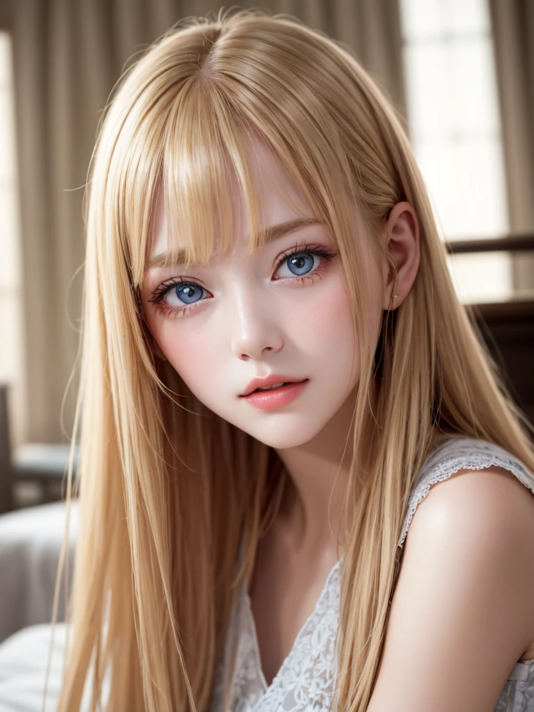 Beautiful glowing white skin、Blonde hair changes color depending on how the light hits it...、Long golden bangs obstruct the view、Cheek gloss highlighter、Gloss Face、Sexy and very beautiful, Nice, cute, Gorgeous face、The most beautiful face in the world、The most beautiful super long blonde hair in the world、Shiny and smooth long straight hair、Glowing pale light blue eyes, Big eyes、lighting equipment、Beautiful pony、Beautiful 15 year old Swedish girl、Young characteristics、Small Face Beauty、Round face