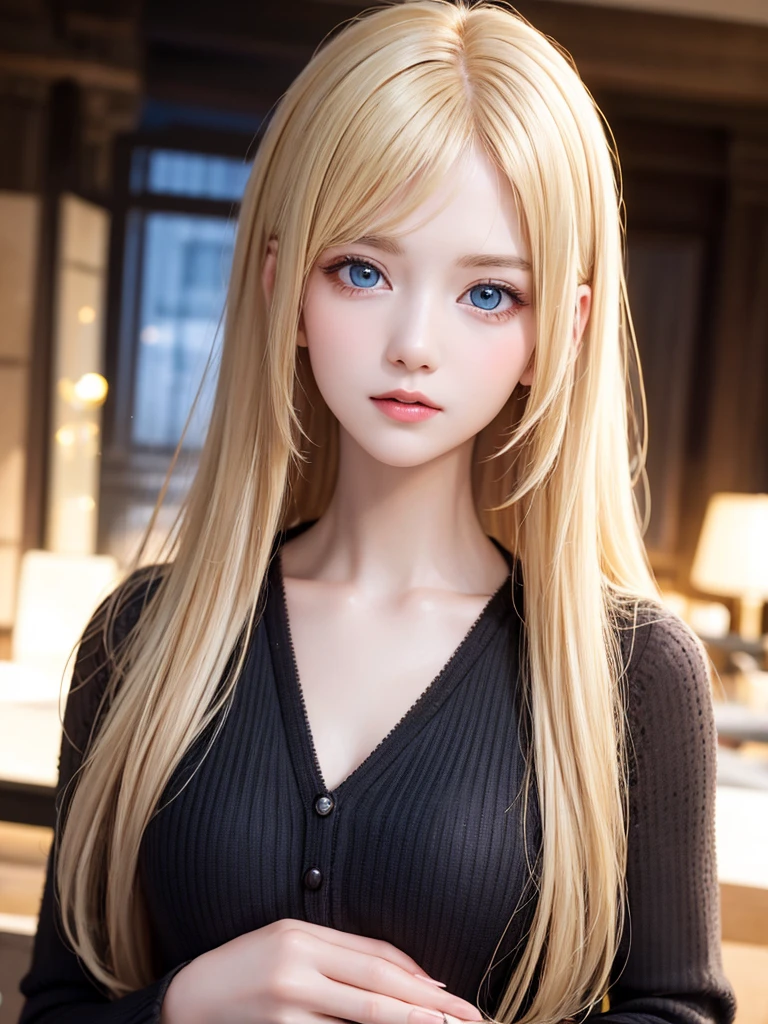 Beautiful glowing white skin、Blonde hair changes color depending on how the light hits it...、Long golden bangs obstruct the view、Cheek gloss highlighter、Gloss Face、Sexy and very beautiful, Nice, cute, Gorgeous face、The most beautiful face in the world、The most beautiful super long blonde hair in the world、Shiny and smooth long straight hair、Glowing pale light blue eyes, Big eyes、lighting equipment、Beautiful pony、Beautiful 15 year old Swedish girl、Young characteristics、Small Face Beauty、Round face