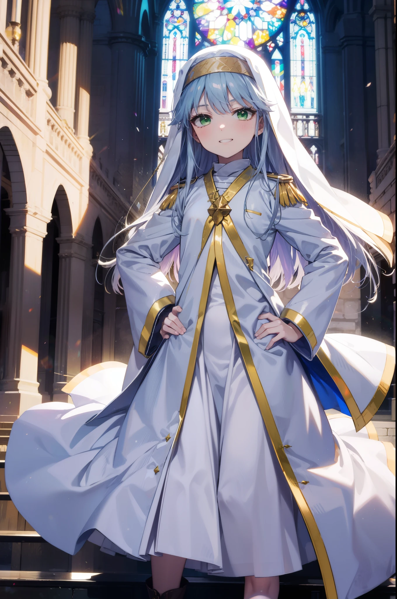 index, index, (Green Eyes:1.5), Silver Hair, Long Hair, (Flat Chest:1.2),Grin,
break habit, Long sleeve, Nuns, Robe, white Robe, Wide sleeves,Long skirt,boots,Put your right hand on your hip,In his left hand he holds a long sacred staff,whole bodyがイラストに入るように,
break looking at viewer, whole body,
break indoors, church,
break (masterpiece:1.2), Highest quality, High resolution, unity 8k wallpaper, (figure:0.8), (Beautiful attention to detail:1.6), Highly detailed face, Perfect lighting, Highly detailed CG, (Perfect hands, Perfect Anatomy),