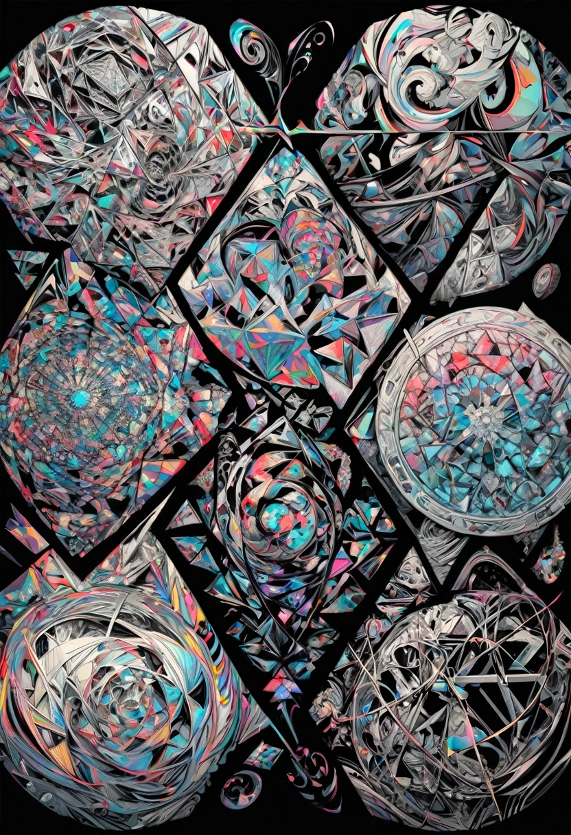 best quality, super fine, 16k, incredibly absurdres, extremely detailed, 2.5D, delicate and dynamic depiction, weird modern art, top left, bottom right, top right, bottom left, diagonal, round, square, irregular, uneven, random colors including monochrome, random kaleidoscope, origami effect