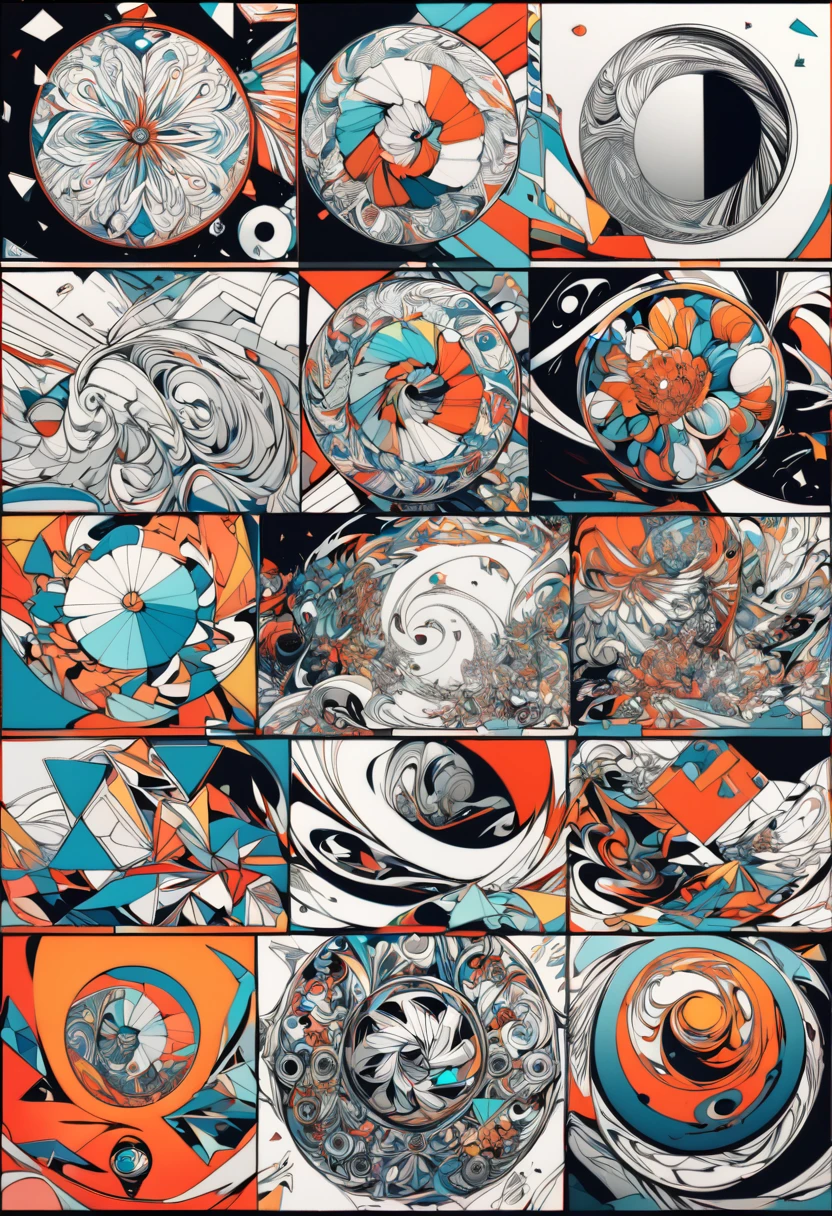 best quality, super fine, 16k, incredibly absurdres, extremely detailed, 2.5D, delicate and dynamic depiction, weird modern art, top left, bottom right, top right, bottom left, diagonal, round, square, irregular, uneven, random colors including monochrome, random kaleidoscope, origami effect
