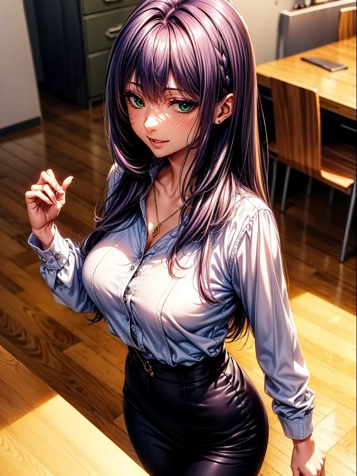 (top-quality、tmasterpiece、high resolution、super high image quality), 1girl, 8K, Rei Himiyama, Amakano, dark purple hair, long hair, straight hair to the waist, perfect figure, 20 years old, F Cup, big butt, green eye, (clear eye white part), black tight office clothes，office desk，dark purple hair，mature face, girlfriend ssmile