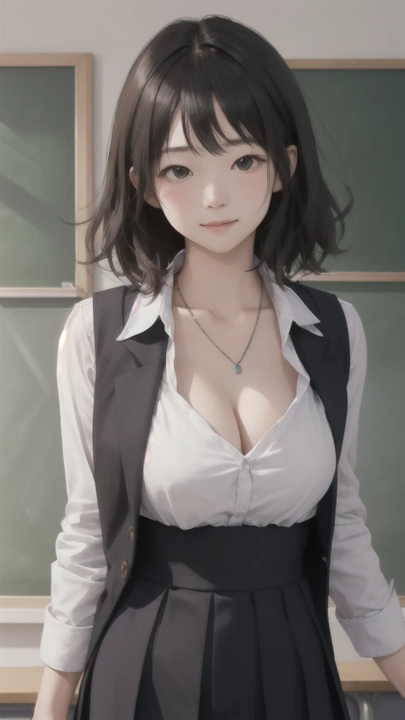 (Highly detailed CG Unity 8k wallpaper)、(masterpiece)、(Highest quality)、(Super detailed)、(Best illustrations)、(Best Shadow)、Ultra-high resolution、(Real、Photorealistic:1.2)、(Beautiful student teacher:1.4)、Dark brown short hair、(Large Breasts:1.2)、(No.３Unbutton:1.2)、(School classroom:1.4)、(Nogizaka-style white dress:1.4)、(Lady-like:1.2)、(Cute Necklace:1.2)、Puffy eyes、(Stand at the podium with the blackboard behind you:1.2)、(Close-up)、High contrast light、Upper Body