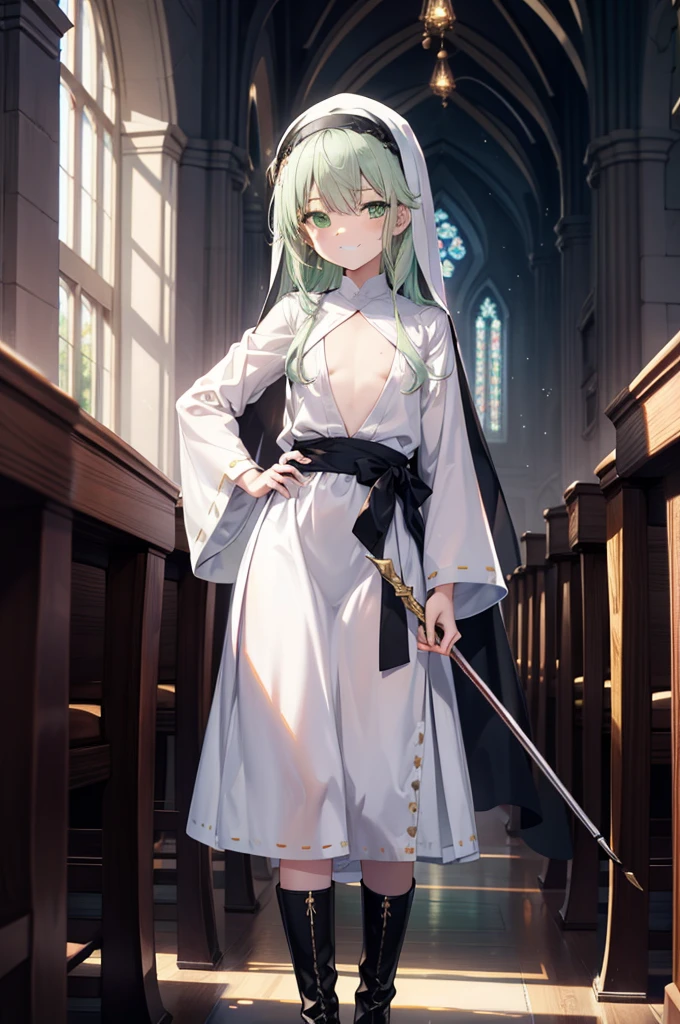 index, index, (Green Eyes:1.5), Silver Hair, Long Hair, (Flat Chest:1.2),Grin,
break habit, Long sleeve, Nuns, Robe, white Robe, Wide sleeves,Long skirt,boots,Put your right hand on your hip,In his left hand he holds a long sacred staff,whole bodyがイラストに入るように,
break looking at viewer, whole body,
break indoors, church,
break (masterpiece:1.2), Highest quality, High resolution, unity 8k wallpaper, (figure:0.8), (Beautiful attention to detail:1.6), Highly detailed face, Perfect lighting, Highly detailed CG, (Perfect hands, Perfect Anatomy),