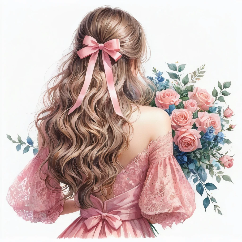 anime girl, watercolor painting. a detailed watercolor illustration that captures the back of a woman, her long straight black braided hair cascading down her back, adorned with a black bow and a bouquet of flowers in her right hand. She is dressed in a black dress with wide shoulders, decorated with lace details on the neckline and sleeves. her left hand rests on a white surface, while her right hand holds a bouquet of pink roses, green leaves and blue flowers. the background is completely white, providing a strong contrast with the vibrant colors of the woman, by Marie Angel by Marie Angel, painting of beautiful, girl with long hair, beautiful drawing style, dressed in a pink dress, realistic cute girl painting, ribbons and flowers, a beautiful artwork illustration, in the art style of bowater, a beautiful painting, pastel style painting