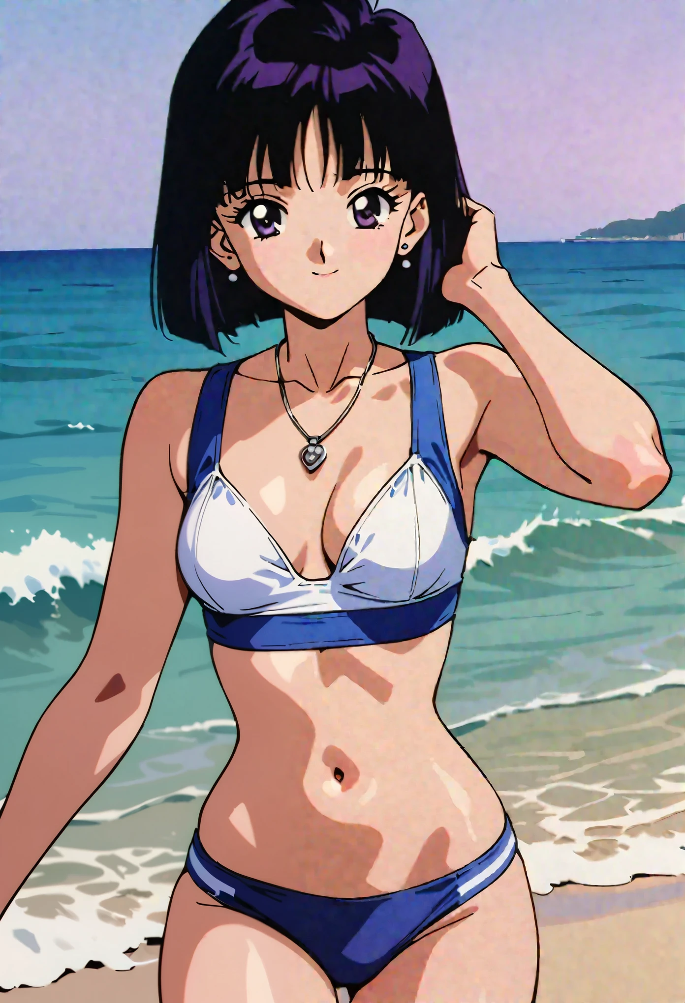 masterpiece,best quality,very aesthetic,absurdres,Sailor Saturn XL,1990s \(style\),1girl,solo,short hair,black hair,purple eyes,swimsuit, on beach,stud earrings,necklace,light smile,cowboy shot,