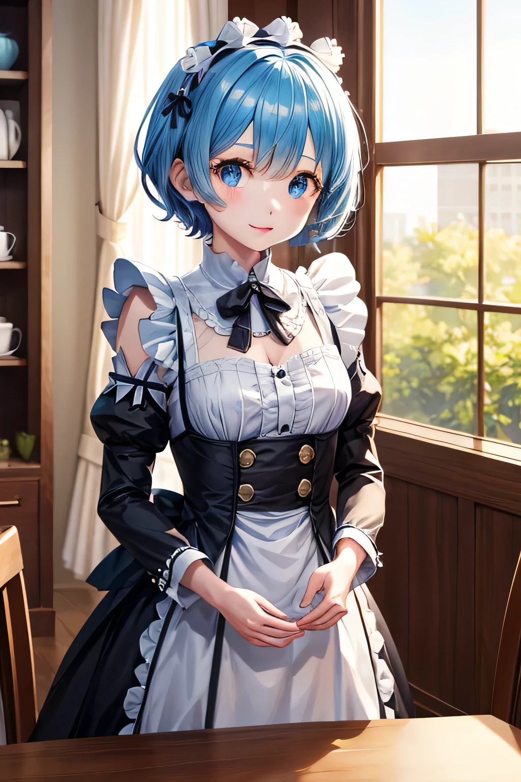 Best Photos, Tabletop, masterpiece、Ultra-precision、Tabletop, highest quality, High resolution, Ahlem, short hair, Maid&#39;s Headdress, x Hair accessories, Hair Ribbon, big breasts, Frills, Neck ribbon, Cleavage, dress, Removable sleeves, (Upper Body:1.2), (smile:1.1), Open your mouth, (floating hair:1.1), (Wind:1.1), garden、[3D Images:1.25],[[Attractive eyes,Detailed eyes、Shining Eyes, Colorful eyes:1.1]]、One woman has black hair, short cut, red rimmed glasses, has an H-cup bust one piece of underwear for the lower body, very large breasts, very big ass, I can see your pants, white underwear, underwear that digs into the crotch, very beautiful face, indoor,
