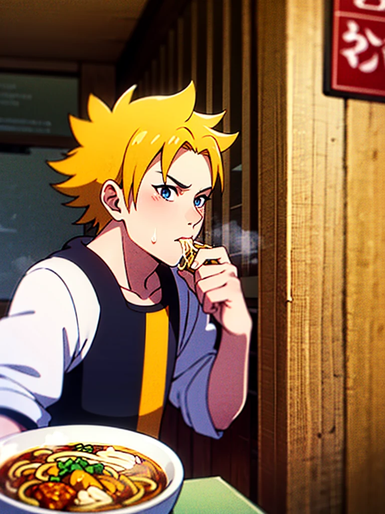 Anime screencap, anime style, anime scene, Naruto Uzumaki slurps noodles into his mouth, broth dripping down his chin as he savors the flavor. He sits at a small table outside a run-down ramen shack, steam rising from the steaming bowl.