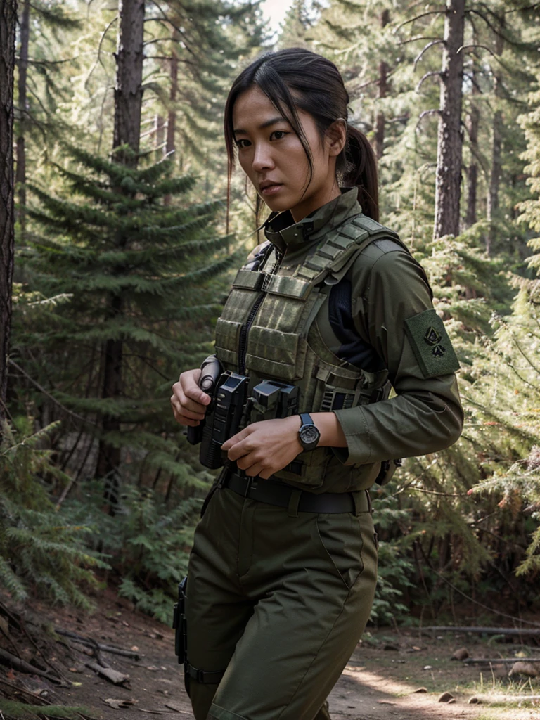 realistic military photo, 1 japanese woman in special forces, running through coniferous forest, engaged in gunfight, wearing full tactical gear, detailed equipment and accessories, bulletproof vest, wristwatch, military pants, realistic skin textures, hyperrealism, 8k, cinematic lighting, high action, giving orders, dynamic pose.