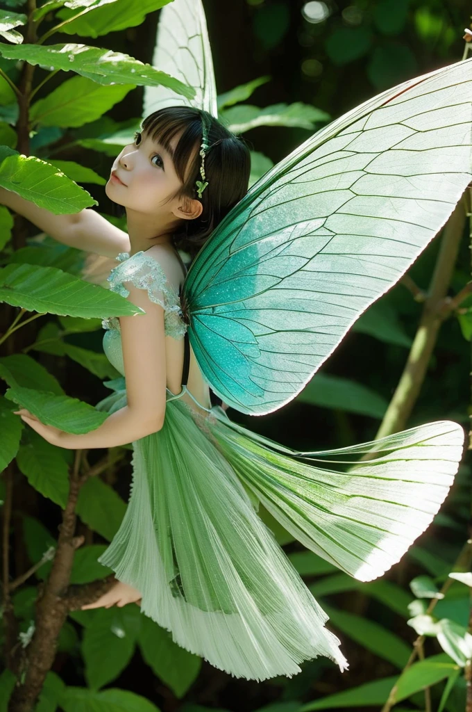 Forest Fairy It has transparent wings on its back. The background is an image of the forests of Yakushima