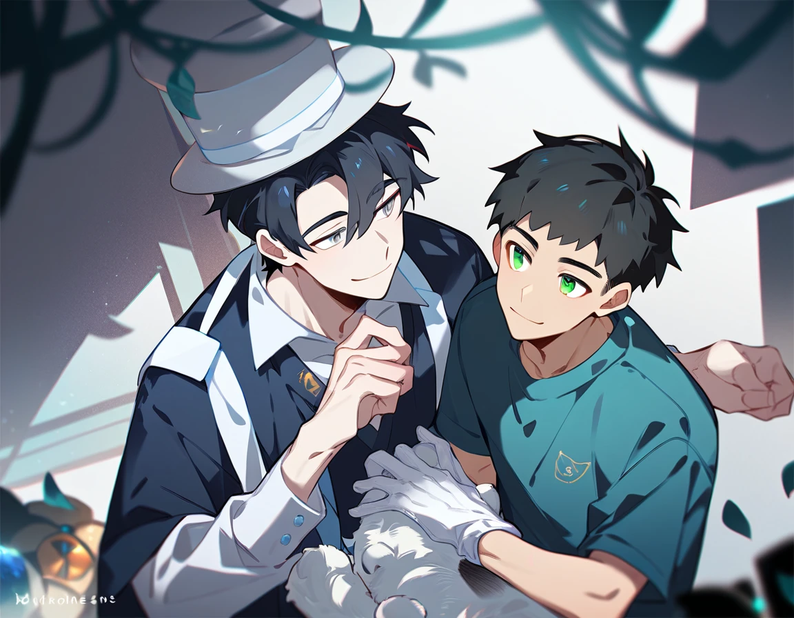 2 young men, focus man , Yaoi, pair, portable princess, bear, look elsewhere, smile, short hair, black hair, green eyes, black hair, gray eyes , The best aesthetics , best quality, Amazing quality, The best aesthetics, nonsense,bright