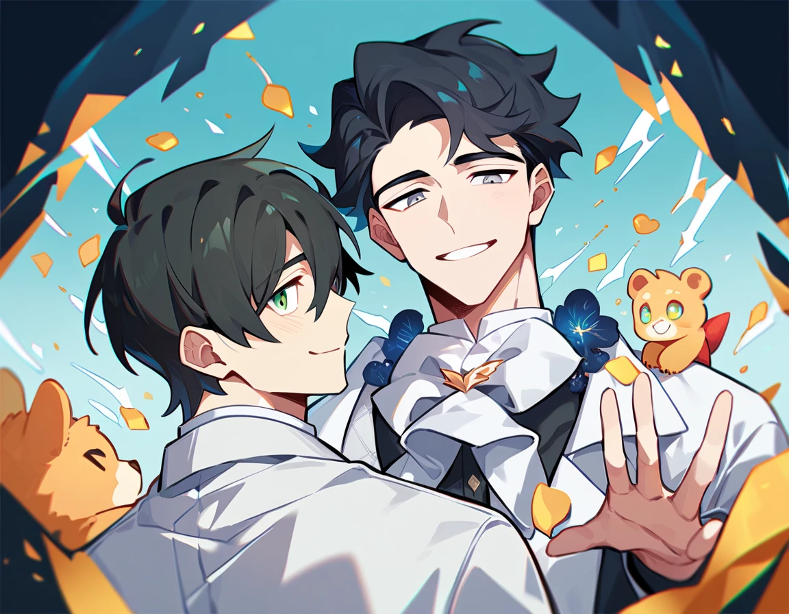 2 young men, focus man , Yaoi, pair, portable princess, bear, look elsewhere, smile, short hair, black hair, green eyes, black hair, gray eyes , The best aesthetics , best quality, Amazing quality, The best aesthetics, nonsense,bright