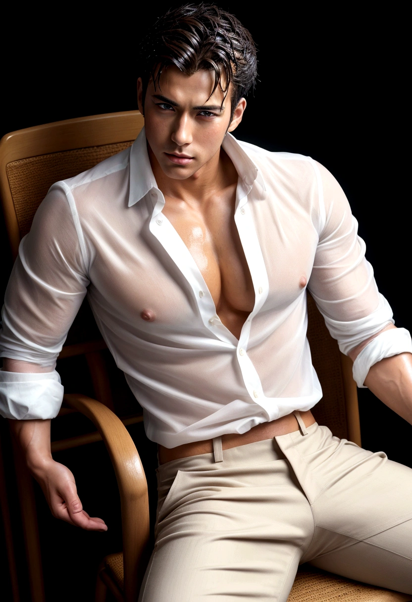 Sexy man, male in a wet white shirt and tan pants sitting on a chair, big chest, anime handsome man, handsome anime pose, handsome guy, male anime character, human male character art, handsome stunning realistic, anime portrait of a handsome man, clothed in wet white shirt, (best quality)), ((masterpiece)), (detailed)