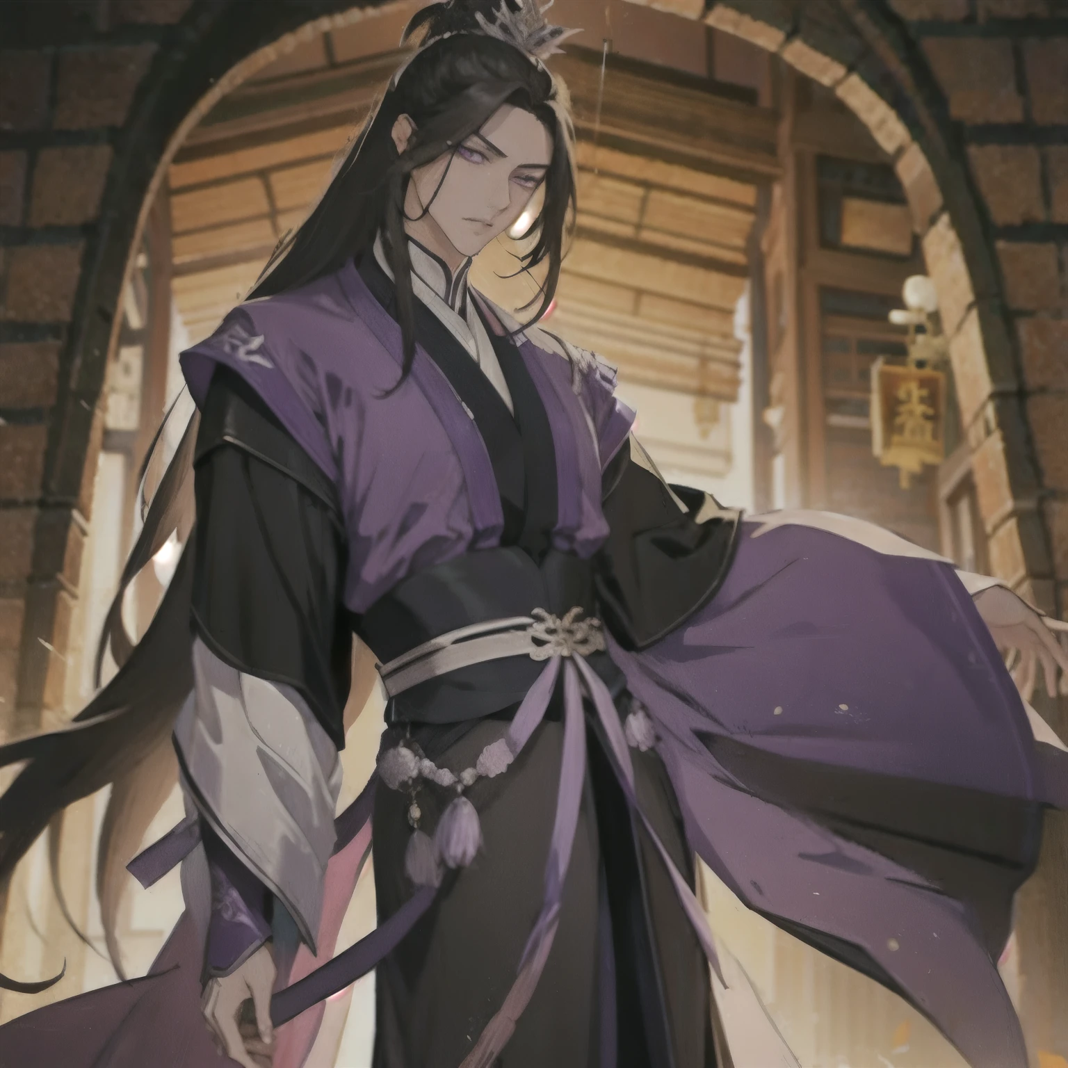 (masterpiece, best quality:1.2), 1male, solo, jiang cheng, mo dao zu shi, mdzs, purple and black clothes, purple eyes, long black hair, perfect anatomy, full body
