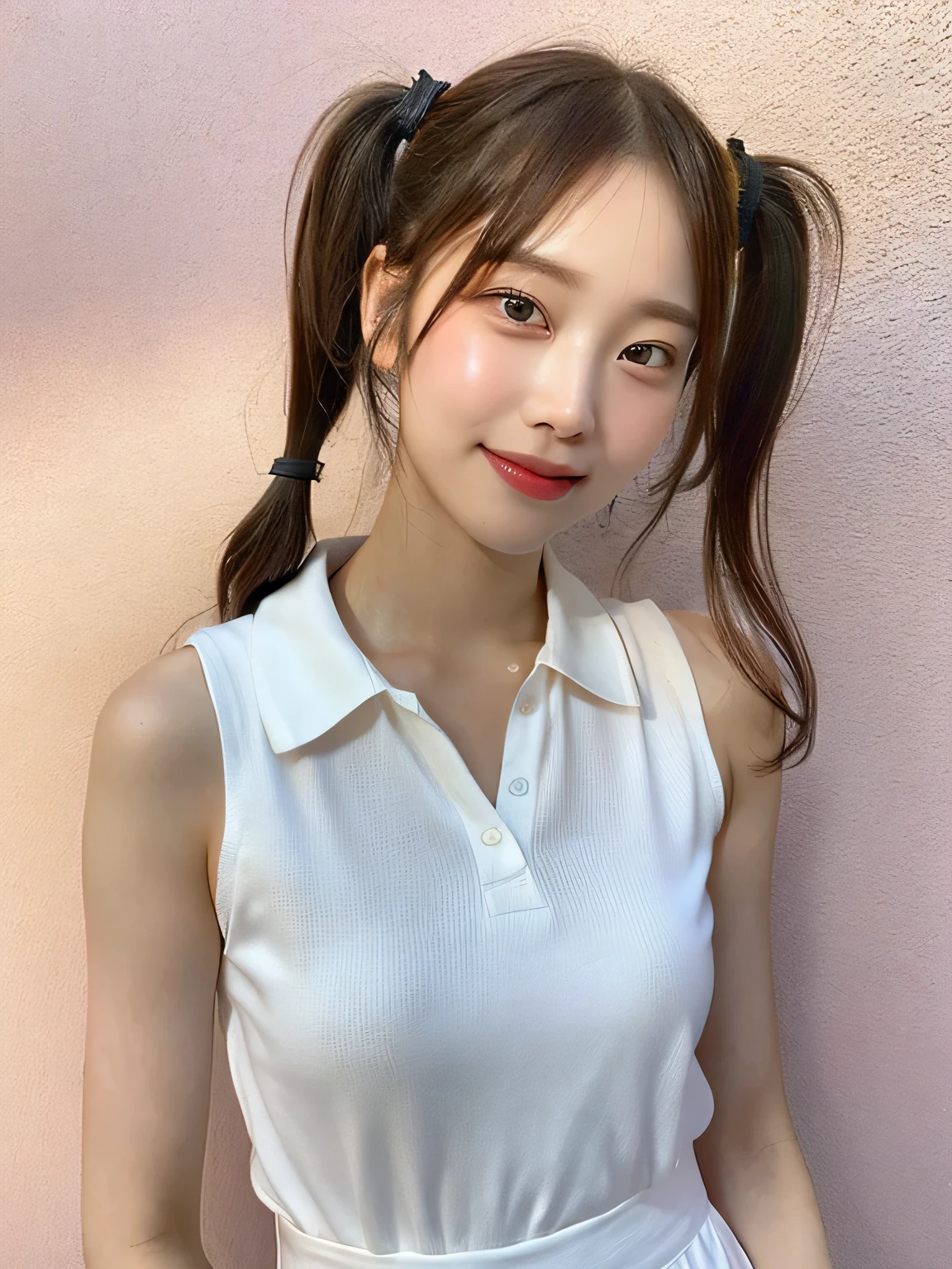 One person、11 years old、Full body photo,slender、woman、White drool coming out of the mouth、smile、Blonde、Twin tails、 Fair skin, messy hair, super cute、Soft and Face、8K resolution、Surreal、Ultra high definition、 A-cup small breasts((Highest resolution、8K、masterpiece:1.3))、Ultra-fine face、Ultra Fine Lips、Beautiful Eyes、double eyelid,Pink wall、Sleeveless red polo shirt、White Skirt、Thighs、thin,Thighsが見える、Shapely small breasts、sexy