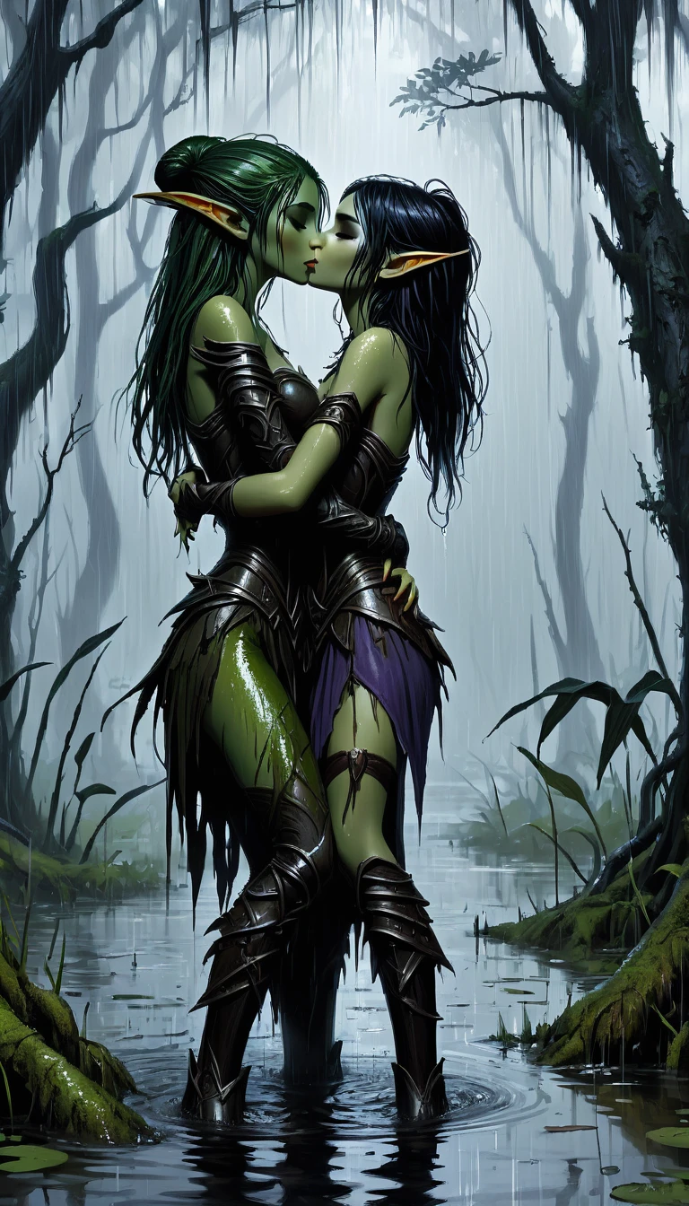 Dark Forest，rain，2 girls in swamp water，Dark Elves，Embrace，kiss