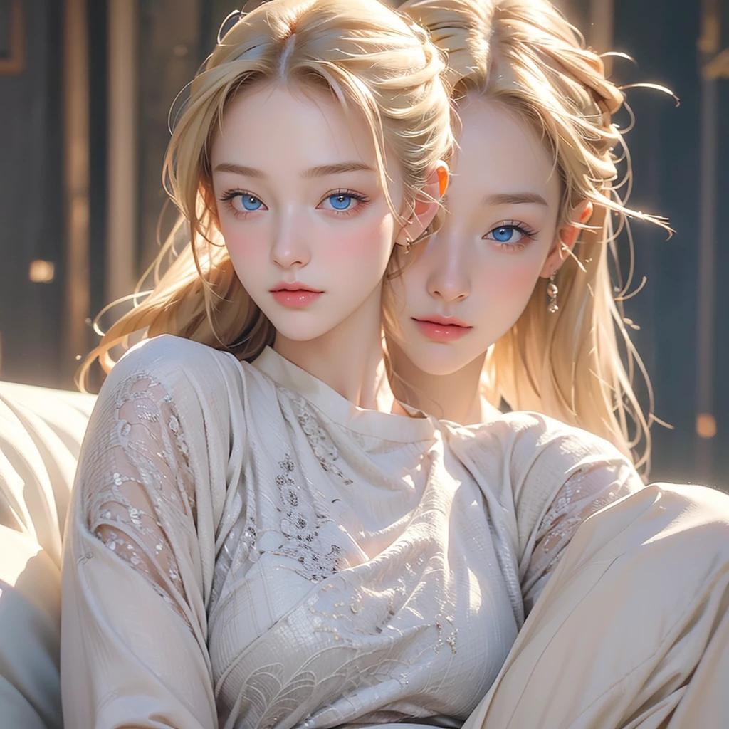 A beautiful woman and she has long, blonde hair with blue eyes and she has white skin and a small nose shaped like a dragon. 