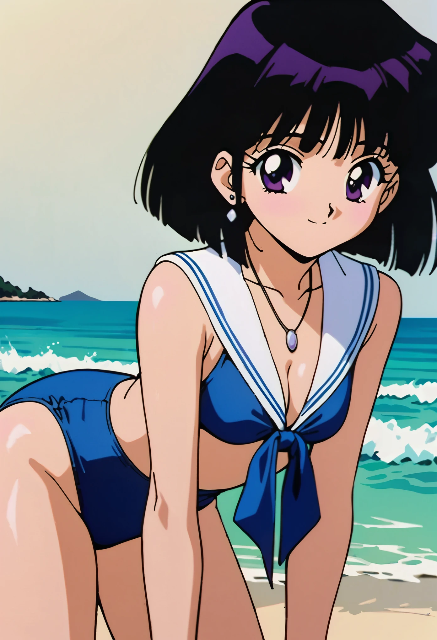 masterpiece, best quality, very aesthetic, absurdres, Sailor Saturn XL, 1990s \(style\), anime artwork, anime style, perfect face, perfect composition, moist skin, intricate details, beautiful eyes, (vibrant colors:1.1), BREAK 1girl, solo, teen, short hair, black hair, purple eyes, small breasts, flower pattern swimsuit, highleg, shiny clothing, BREAK smile, blush, open mouth, sexy pose, outdoors, beach, blue sky, wind,