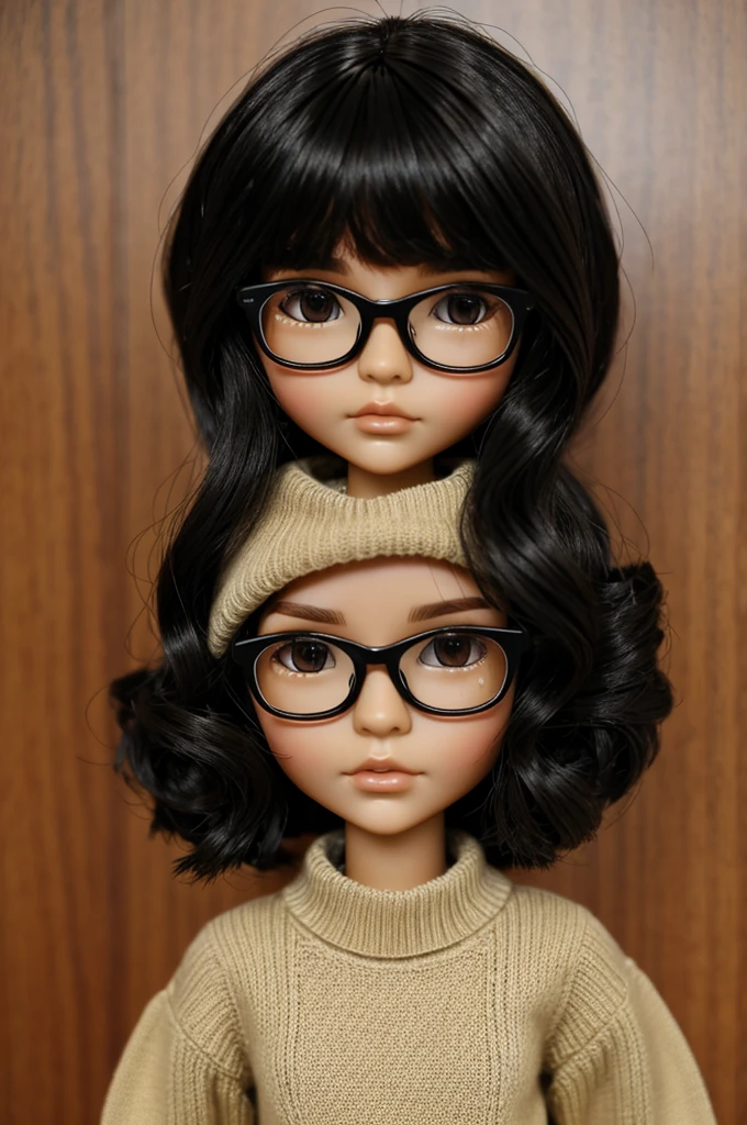 create me a blythe doll with dark brown hair, black glasses, one eye dark brown and the other eye light brown, white skin tone, with a few freckles on the cheeks, medium long hair with medium bob with thin eyebrows