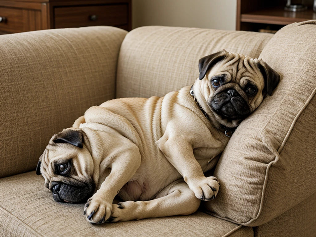 Pug taking a nap: Anthropomorphic pug taking a nap on a living room sofa。Hugging my favorite stuffed animal、She looks so cute when she's sleeping and relaxing。I gently put a blanket over her.、The relieved, smiling expression is also charming.。