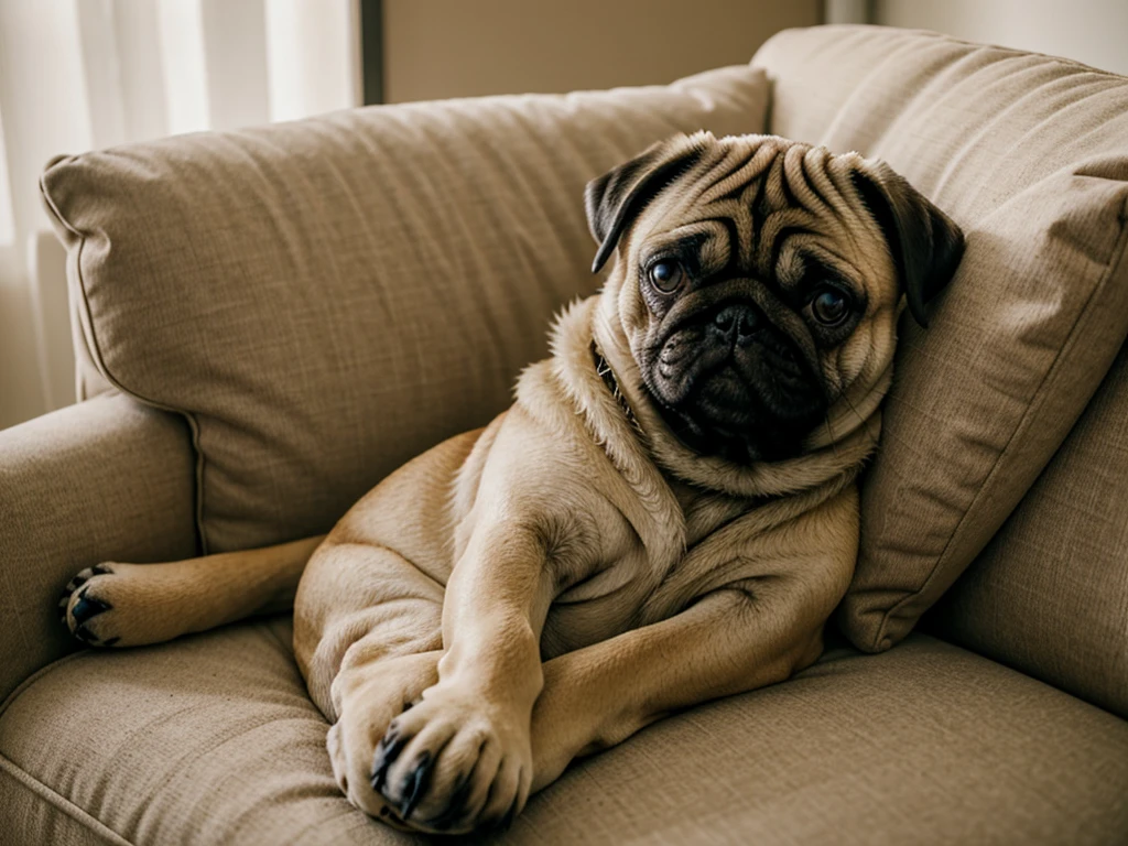 Pug taking a nap: Anthropomorphic pug taking a nap on a living room sofa。Hugging my favorite stuffed animal、She looks so cute when she&#39;s sleeping and relaxing。I gently put a blanket over her.、The relieved, smiling expression is also charming.。