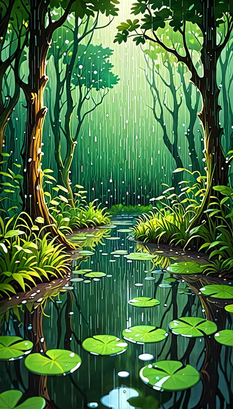A fairy forest with a light rain.、Ripple in a puddle