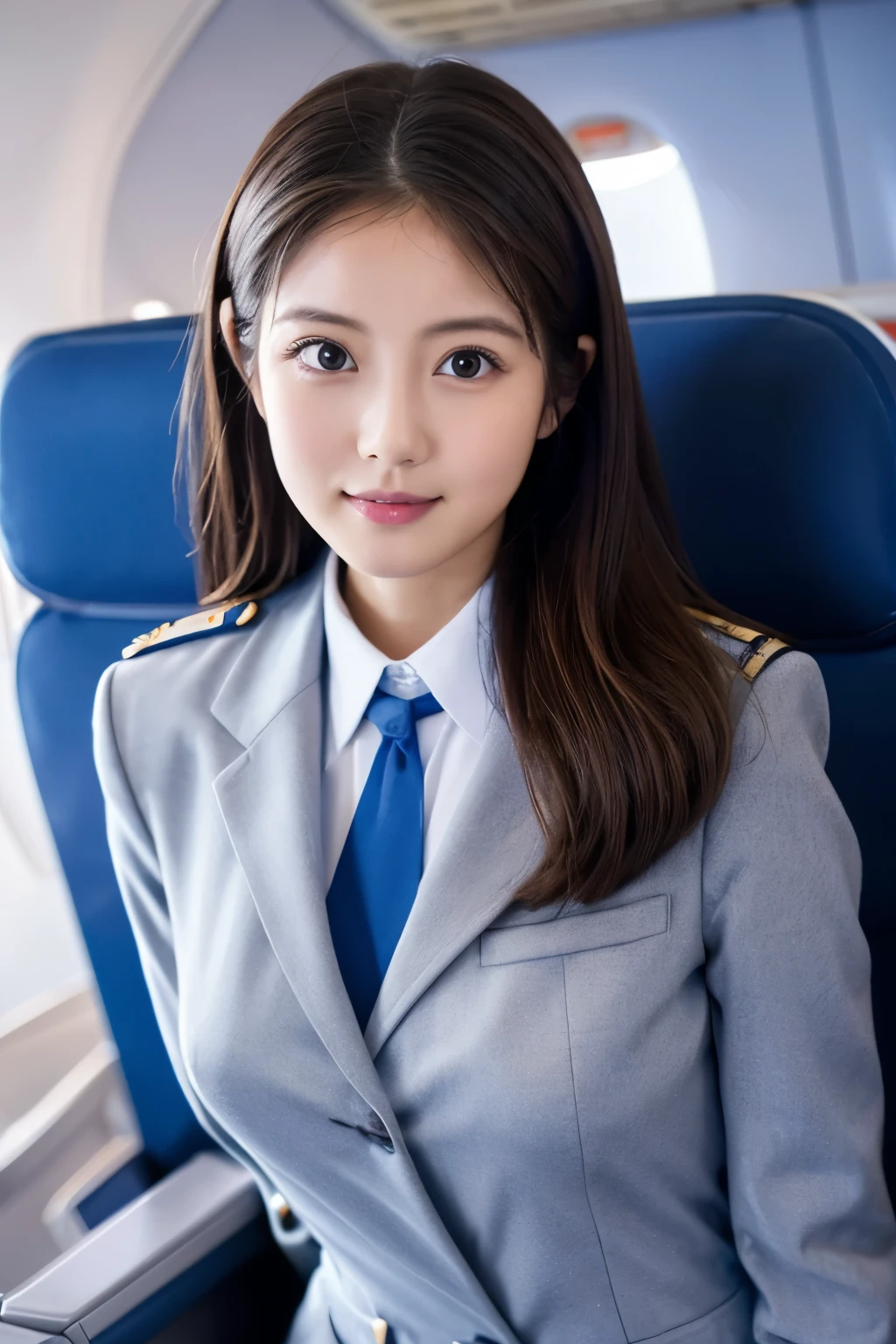 Highest quality, masterpiece, 8K, Ultra-high resolution, (Realistic: 1.4), 1 Girl, Beautiful Face, Symmetrical eyes, big, Perfect Body Proportions, Stewardess Uniform, Viewer Perspective, (On the plane: 1.2), Front view, Shoulder jumps, Absolute area (1.3),