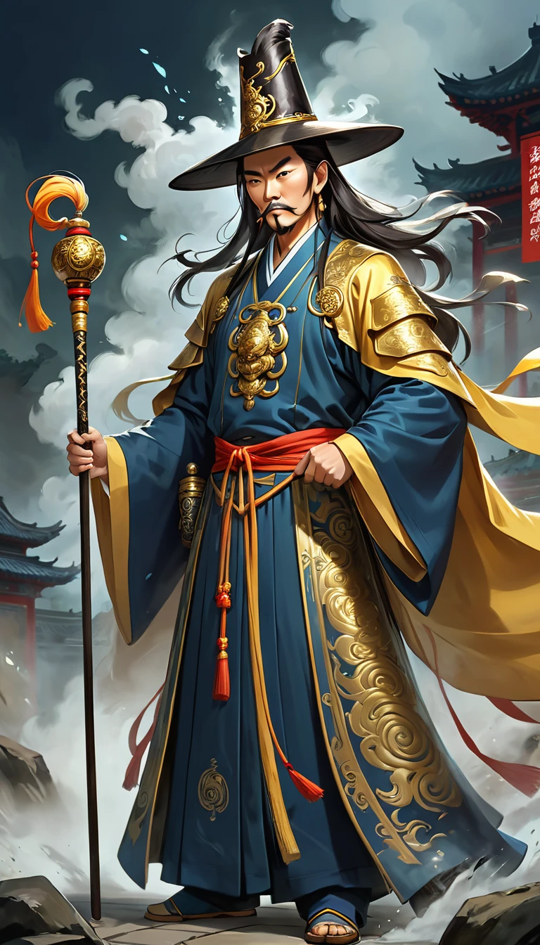 Tianshi Zhong Kui,Tall and ferocious,Dignified face,Sharp eyes。He wears a tall hat,Wearing a gorgeous robe,Holding a staff in his hand。Brave and decisive,The corners of the mouth slightly turned up,Chest of Gold。It is a symbol of justice and majesty.,With magic,Protect kindness and people