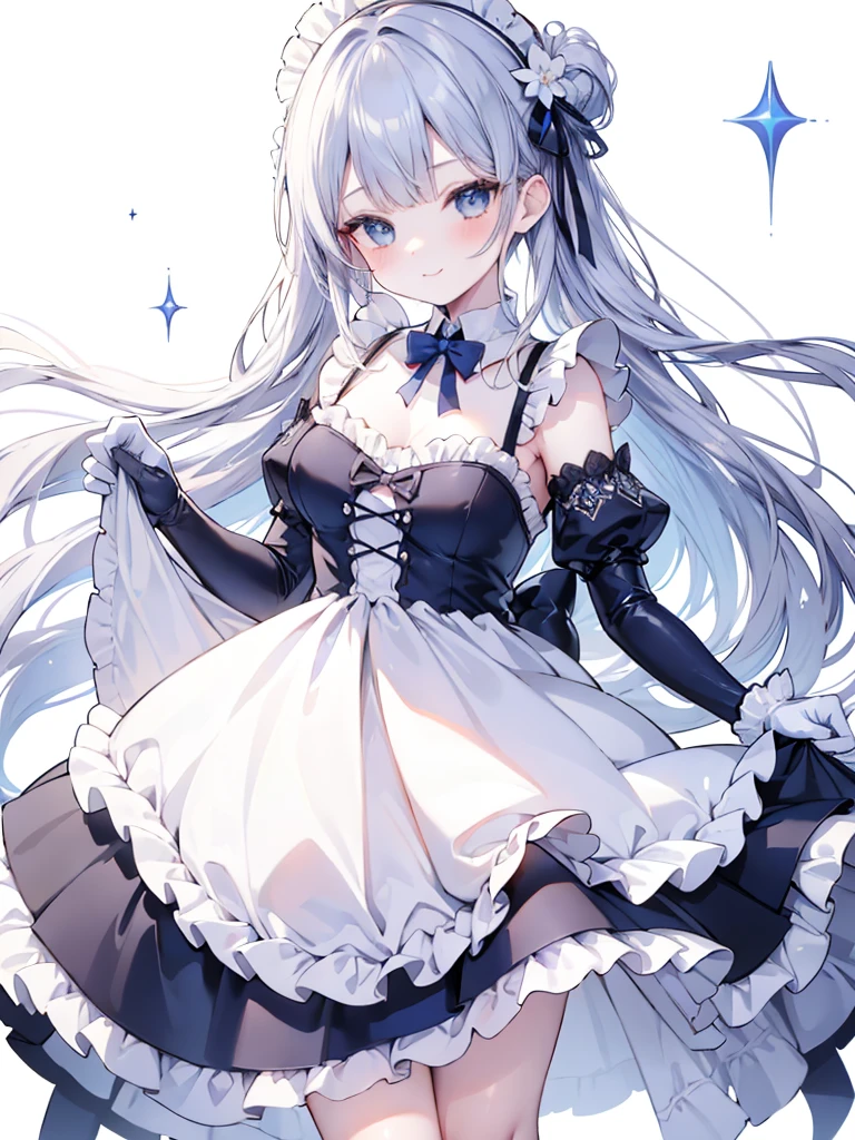 best quality,masterpiece,detailed face, uncensored, 1girl, solo focus, smile, blush, solo, full body, standing, dark blue hair, long hair,low tied hair, forehead, blue eyes, maid, maid headdress, dark blue dress, puffy sleeves, elbow gloves, white gloves, apron, long skirt, dark blue skirt, white thighhighs,Masterpiece, Top Quality Anime Illustration, Super Detail, One Girl, Solo, Beautiful Girl with Silver Hair, Anime , maid dress,Smile,(white background),((charming))、perfect proportions, cute woman, baby face, BREAK source_anime, high detail, looking at viewer,POV, large chest, best quality, highly detailed, young face,Droopy eyes,relaxed face,