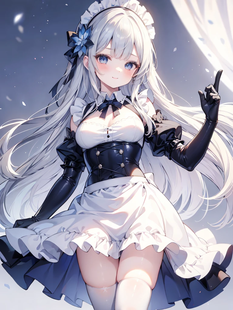 best quality,masterpiece,detailed face, uncensored, 1girl, solo focus, smile, blush, solo, full body, standing, dark blue hair, long hair,low tied hair, forehead, blue eyes, maid, maid headdress, dark blue dress, puffy sleeves, elbow gloves, white gloves, apron, long skirt, dark blue skirt, white thighhighs,Masterpiece, Top Quality Anime Illustration, Super Detail, One Girl, Solo, Beautiful Girl with Silver Hair, Anime , maid dress,Smile,(white background),((charming))、perfect proportions, cute woman, , BREAK source_anime, high detail, looking at viewer,POV, large chest, best quality, highly detailed, young face,Droopy eyes,relaxed face,