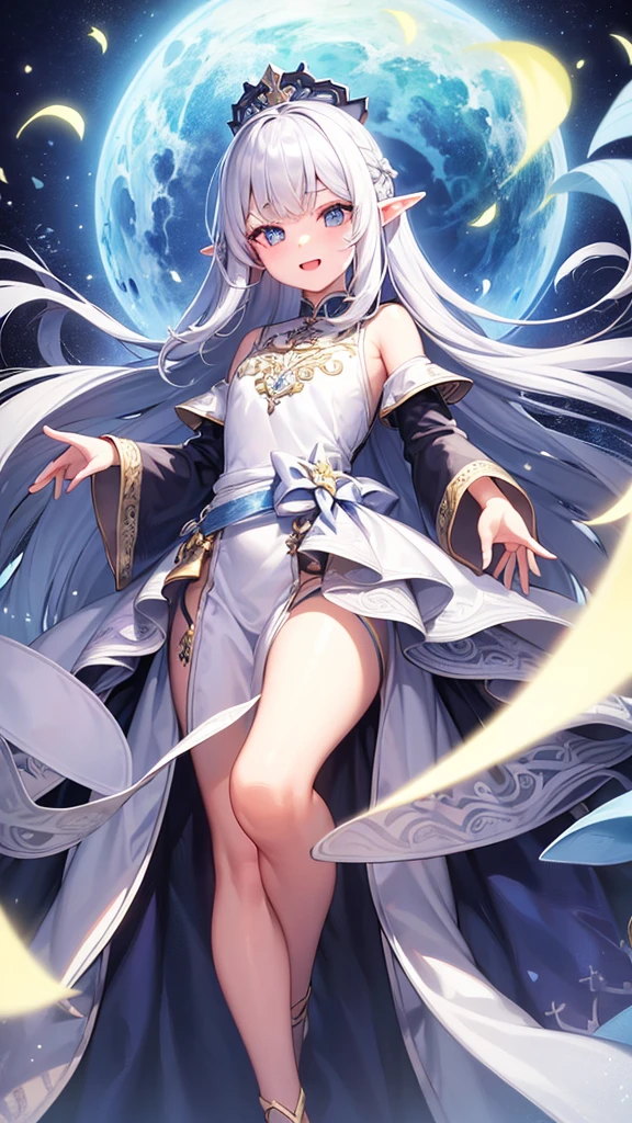 ((Highest quality)), ((masterpiece)), (detailed), One girl, Streaming portrait、Silver hair straight long hair、No Ahoge、Half Up、Parallel thin eyebrows、Double droopy eyes、Thin lips、Small nose、Blue Eyes、Long eyelashes、Delicate appearance、The chest is a little large、Illustration seen from the front、A big smile with an open mouth、White Chinese formal wear、Fantastic illustrations、Highlights are 7 colors、The light is on my face、Illustration of eyes matching the viewer、Elf、whole body、Illustration of toes、No background、Standing Pose、Hair doesn't spread illustration、